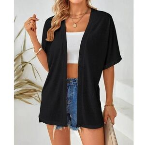 Merokeety Open Front Shortsleeve Cardigan Flowy Black Small Oversized Bat Wing